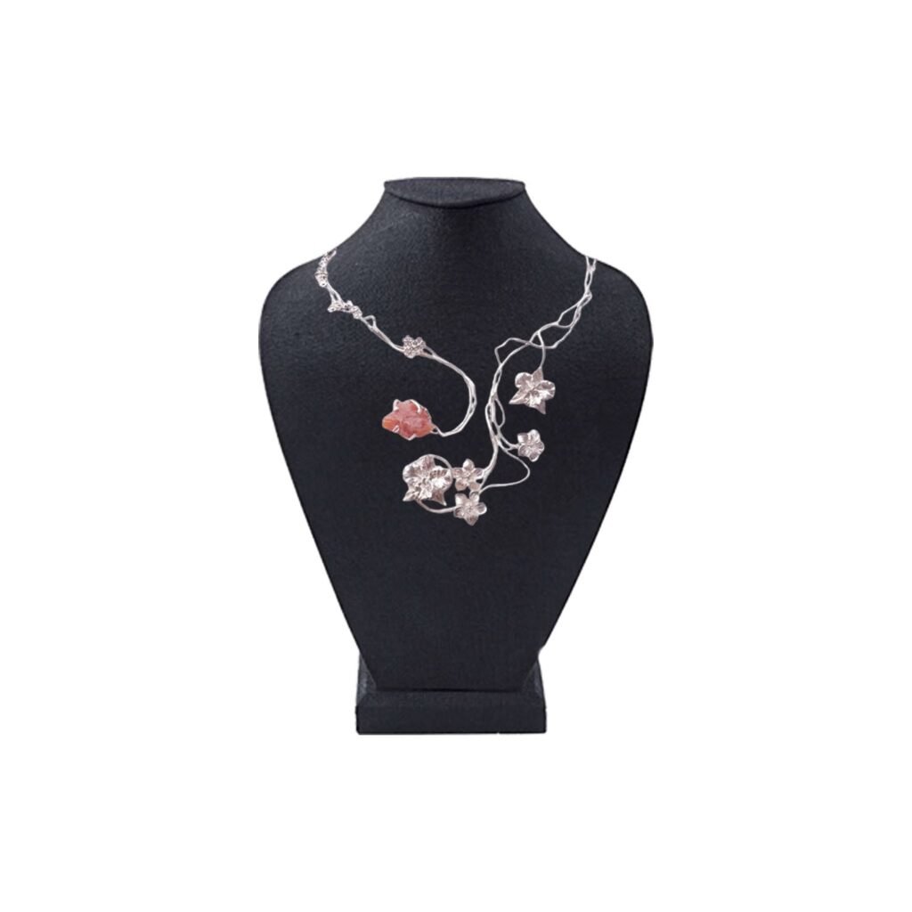 Exquisite Handmade Silver Floral Necklace with Rose Quartz Accents – Nature-Inspired Jewelry