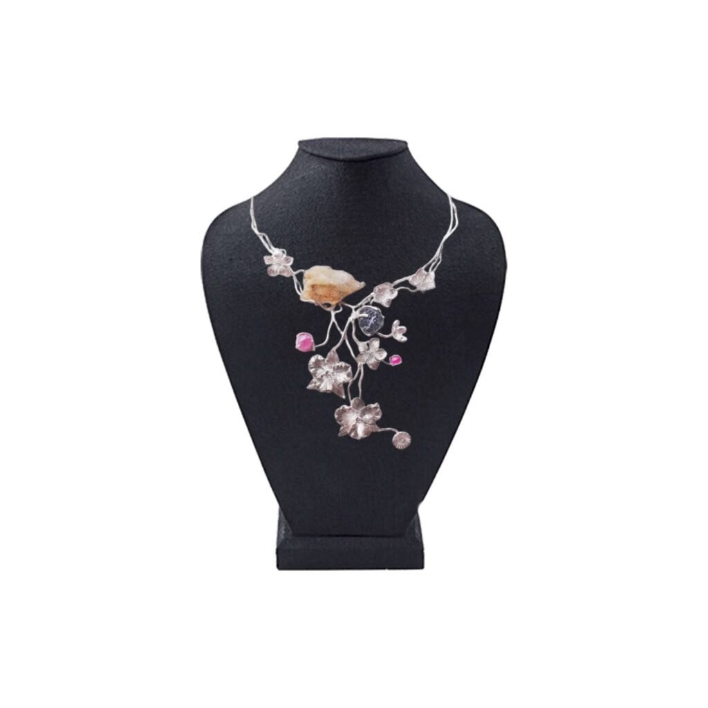Elegant Silver Floral Necklace with Mixed Gemstone Accents – Artisan Nature-Inspired Jewelry